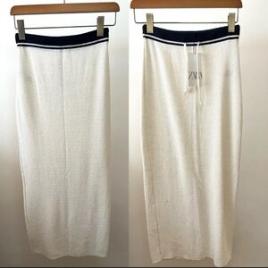 Zara Cream Knit Maxi Skirt with Navy Waistband